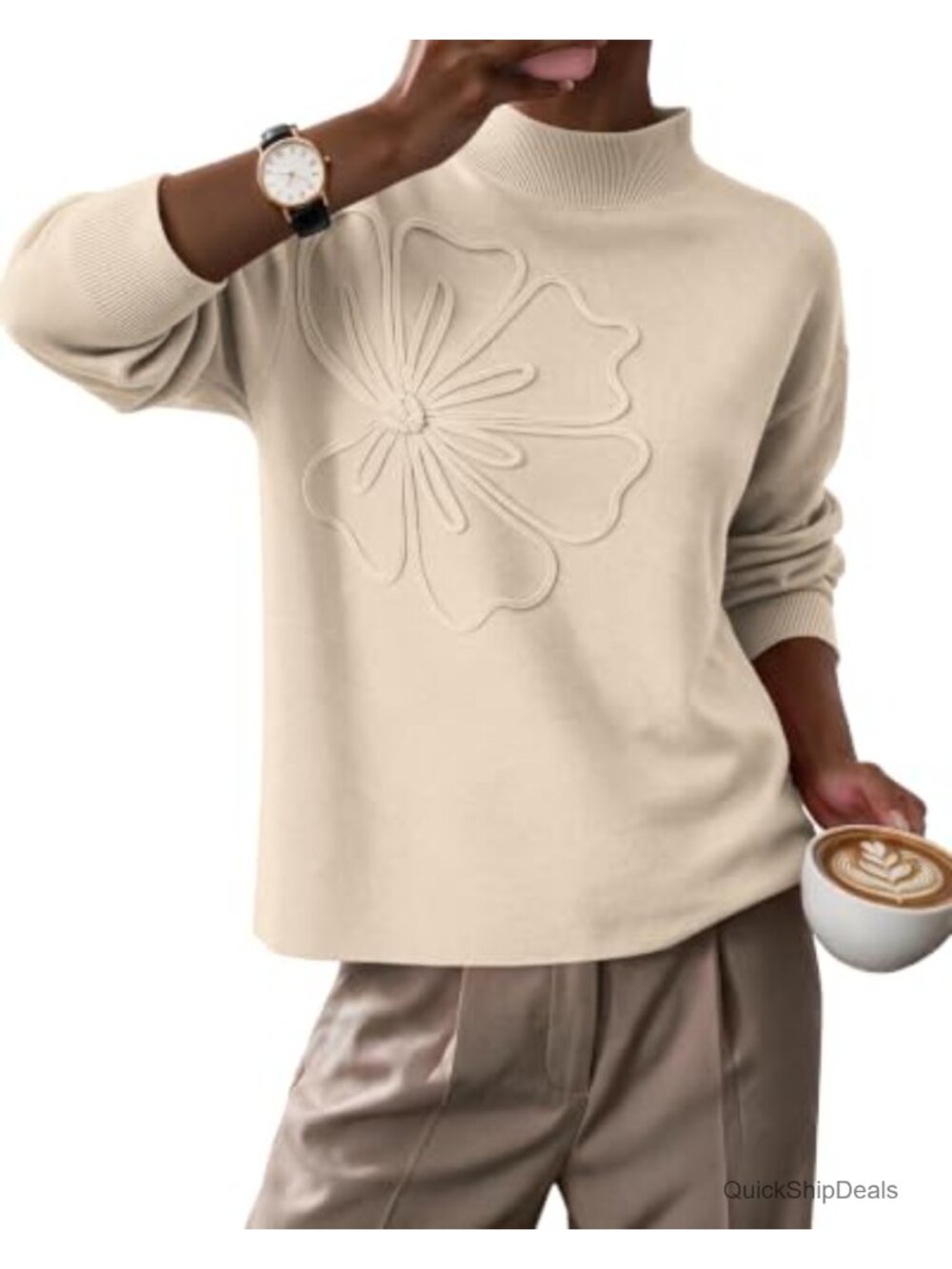 Women's Floral Knit Sweater Mock Neck Pullover Long Sleeve Cozy Fall Winter